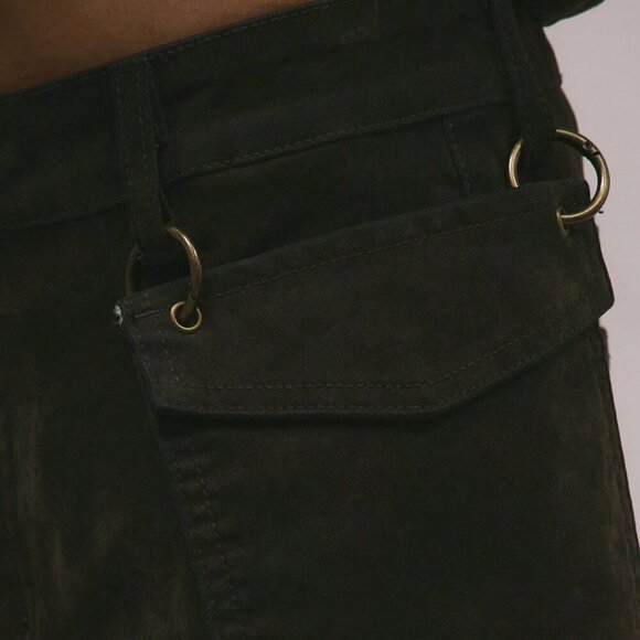 Army Green Casual Women's Velvet Denim Looped Hook On Pocket Detail Jeans - Picture 5 of 5